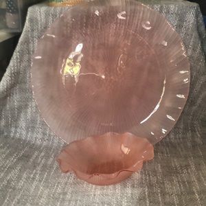 Vintage pink textured satin glass serving platter and bowl.